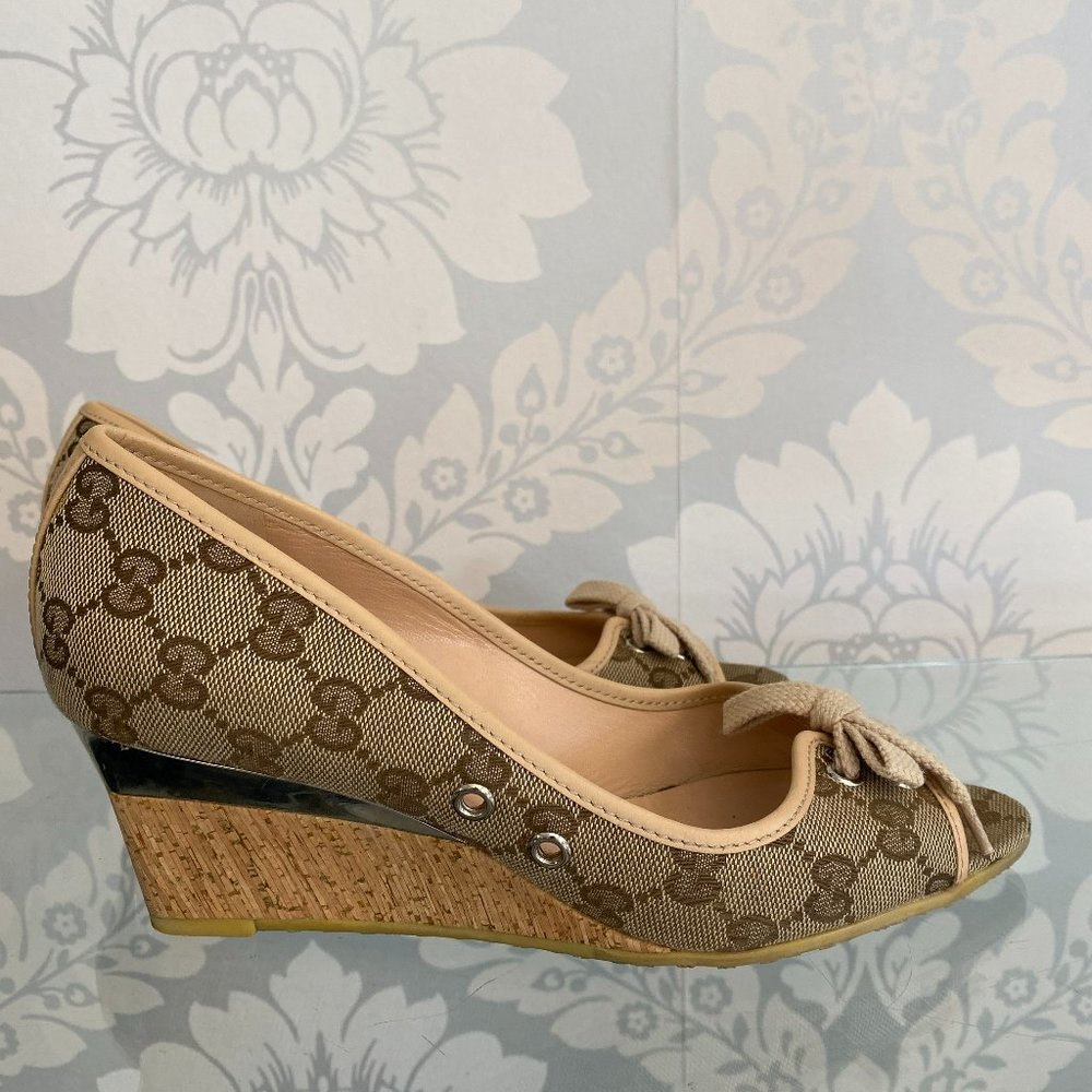 GUCCI Monogram Canvas/Leather Cork Heel Wedges
